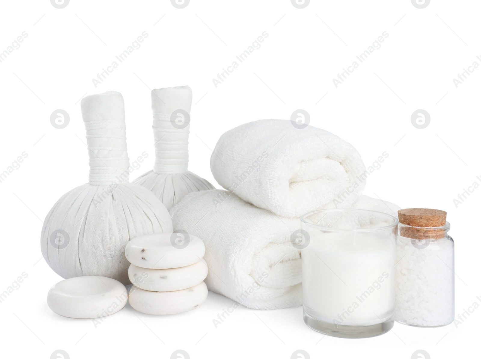 Photo of Beautiful composition with different spa products on white background