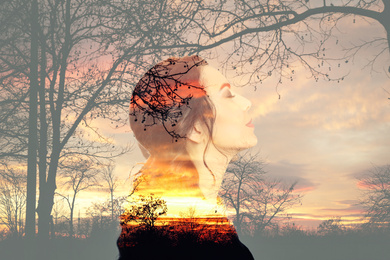 Image of Double exposure of beautiful thoughtful woman and landscape with trees. Concept of inner power
