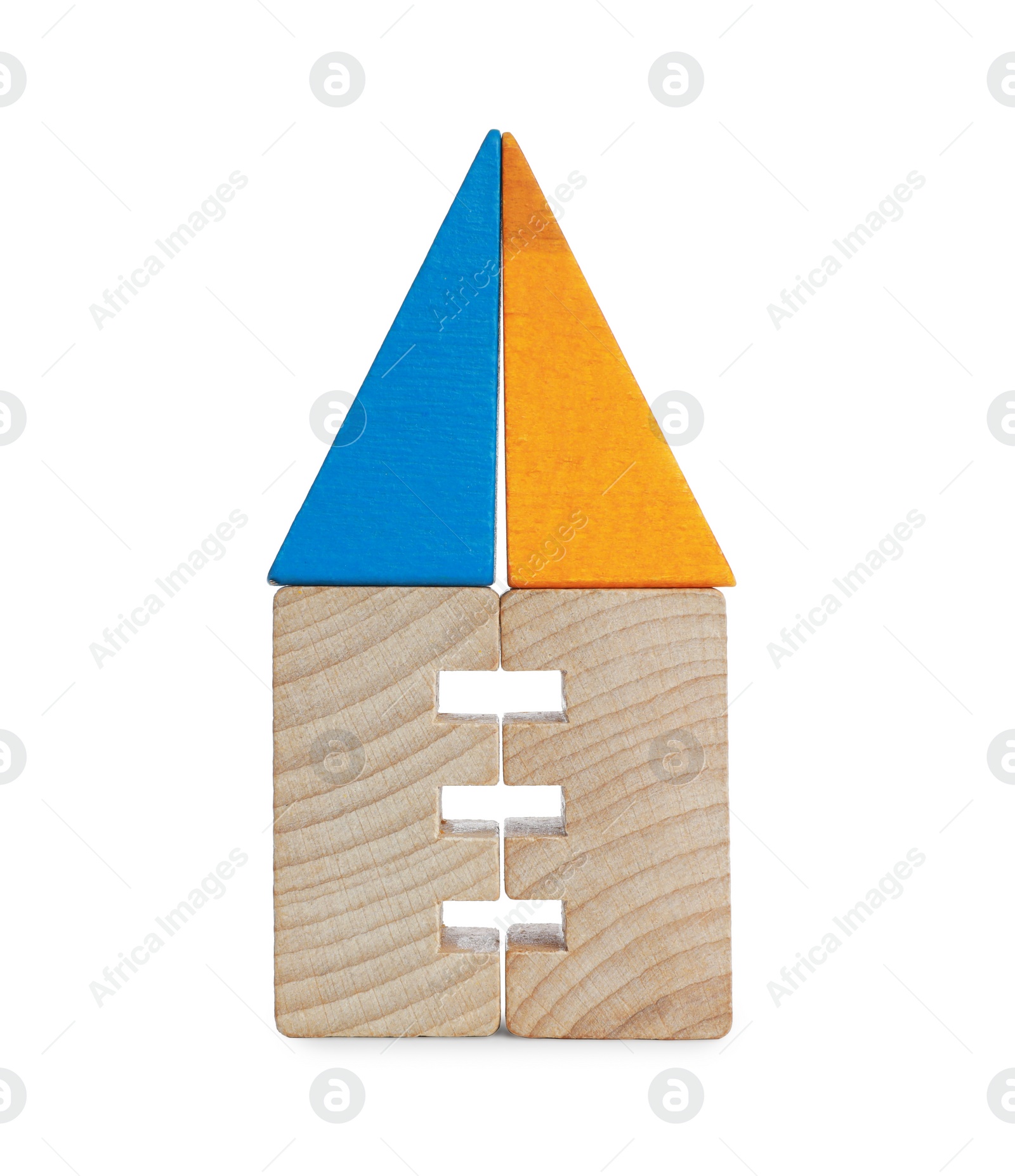 Photo of Wooden house made of building blocks isolated on white. Educational toy for motor skills development