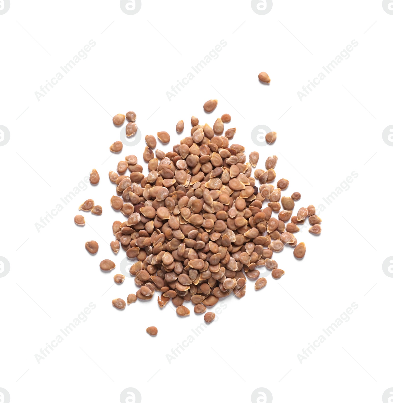 Photo of Pile of tomato seeds on white background, top view
