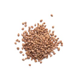 Pile of tomato seeds on white background, top view