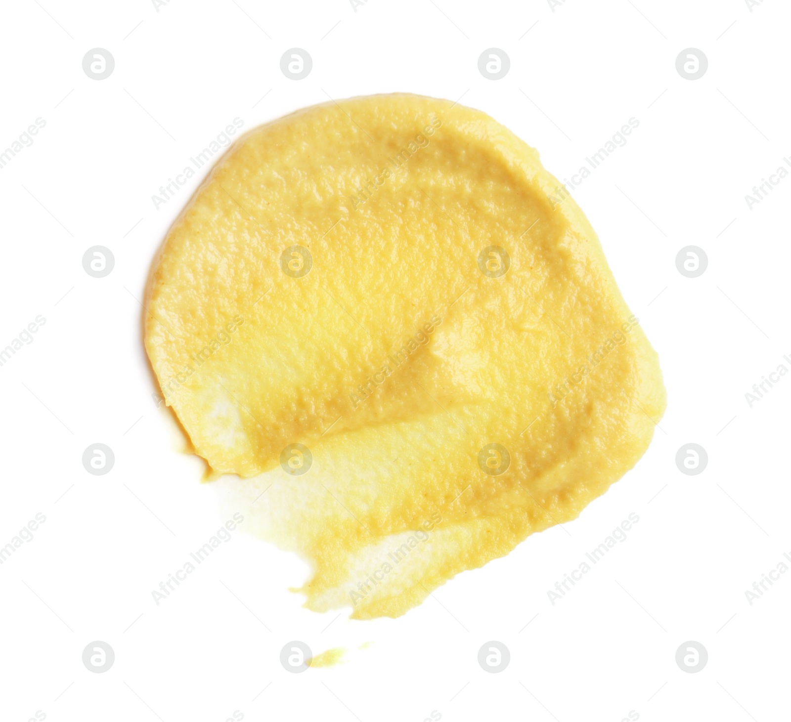 Photo of Smear of delicious mustard isolated on white, top view