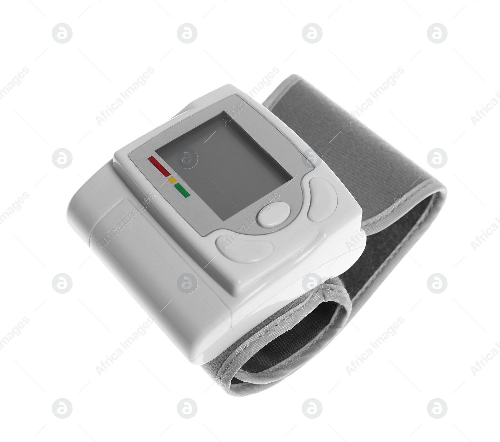 Photo of Digital blood pressure monitor on white background. Cardiology equipment