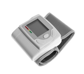 Photo of Digital blood pressure monitor on white background. Cardiology equipment