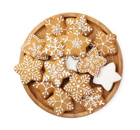 Tasty star shaped Christmas cookies with icing isolated on white, top view