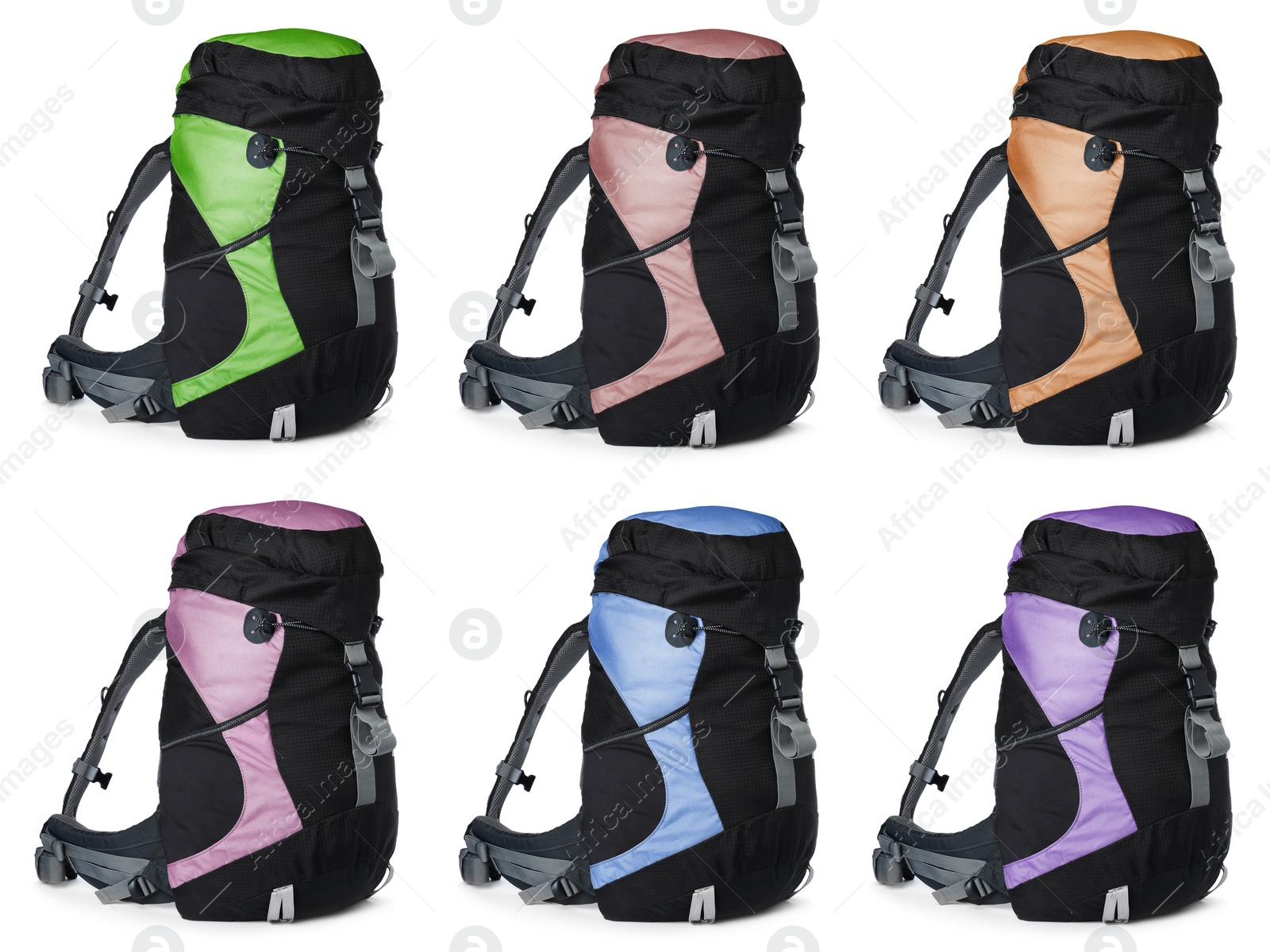 Image of Different hiking backpacks on white background, collage 