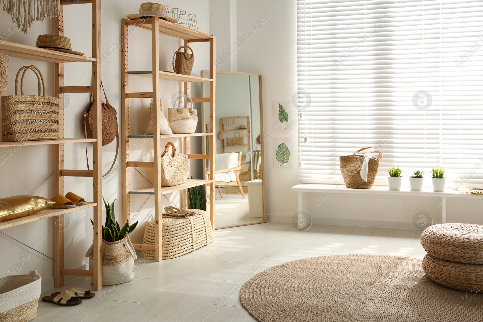 Photo of Stylish woman's bags on shelves in boutique