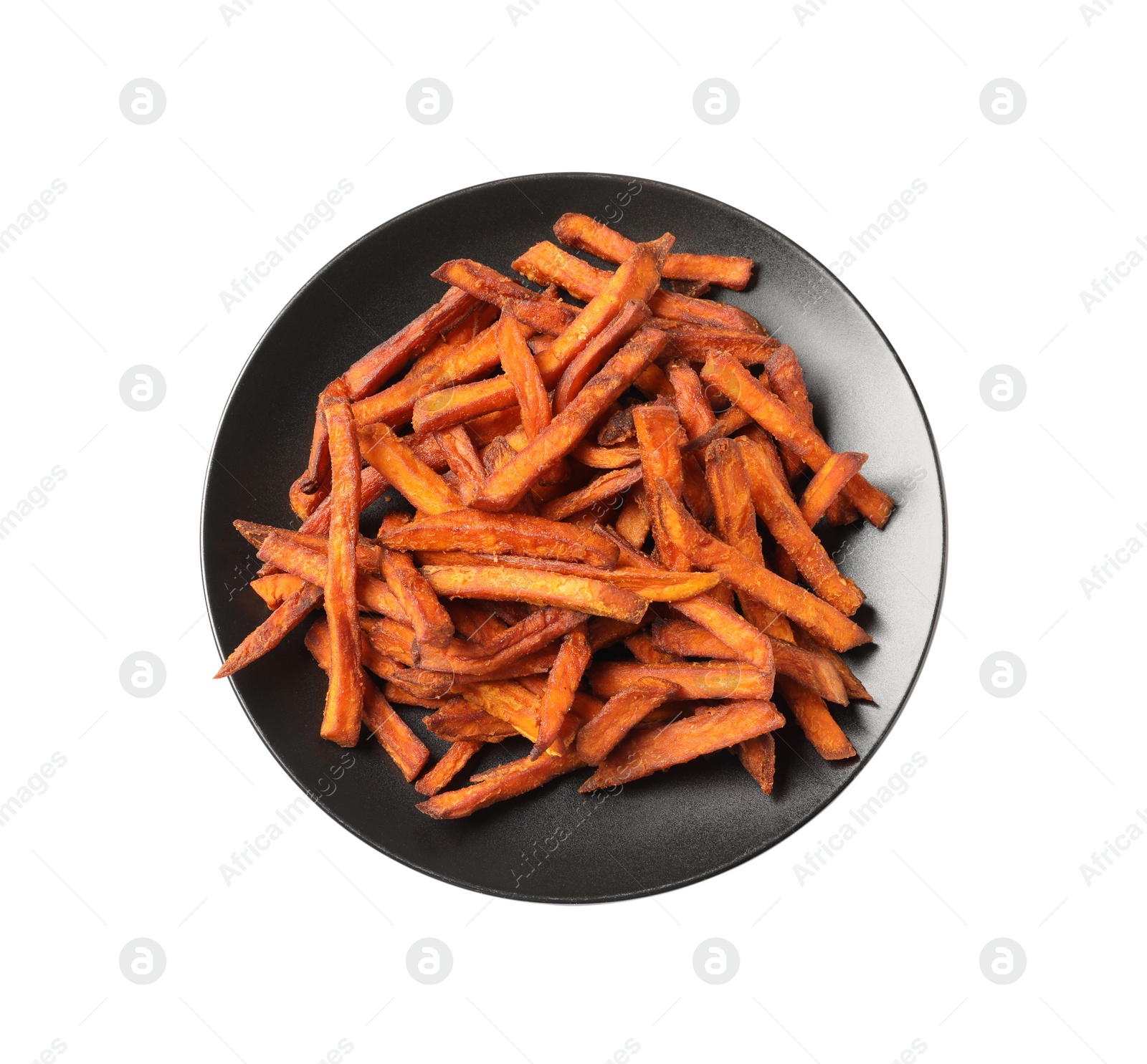Photo of Plate with delicious sweet potato fries on white background, top view