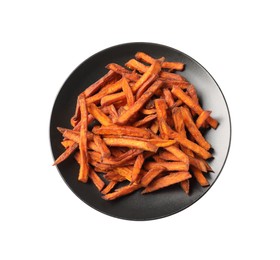 Plate with delicious sweet potato fries on white background, top view