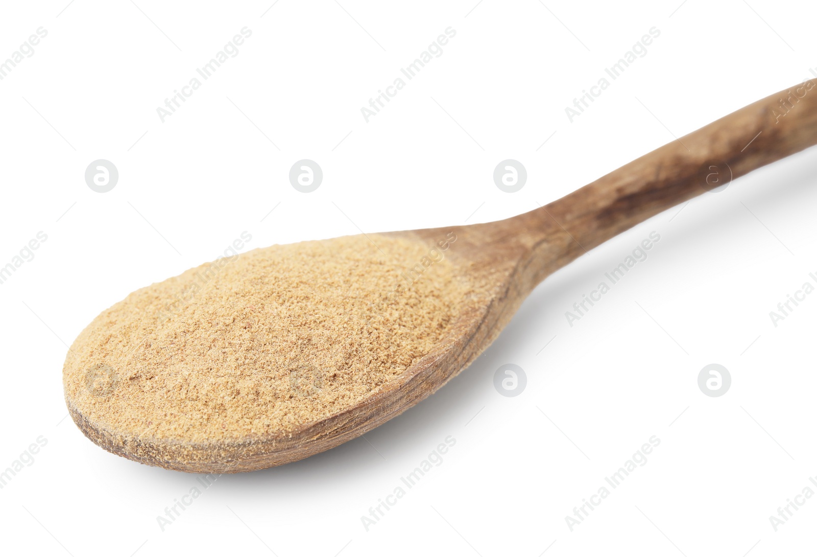 Photo of Dietary fiber. Psyllium husk powder in spoon isolated on white