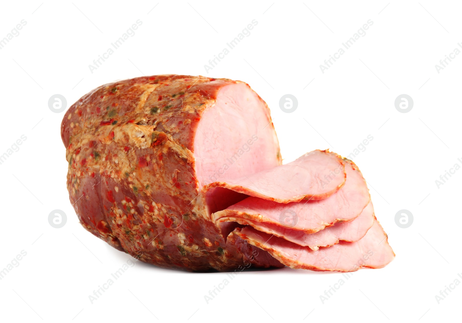 Image of Sliced smoked homemade ham isolated on white