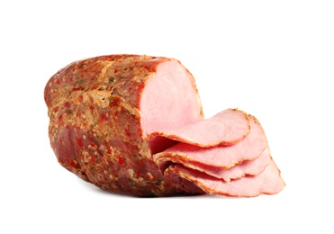 Image of Sliced smoked homemade ham isolated on white