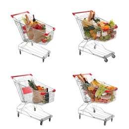 Set with shopping carts full of groceries on white background 