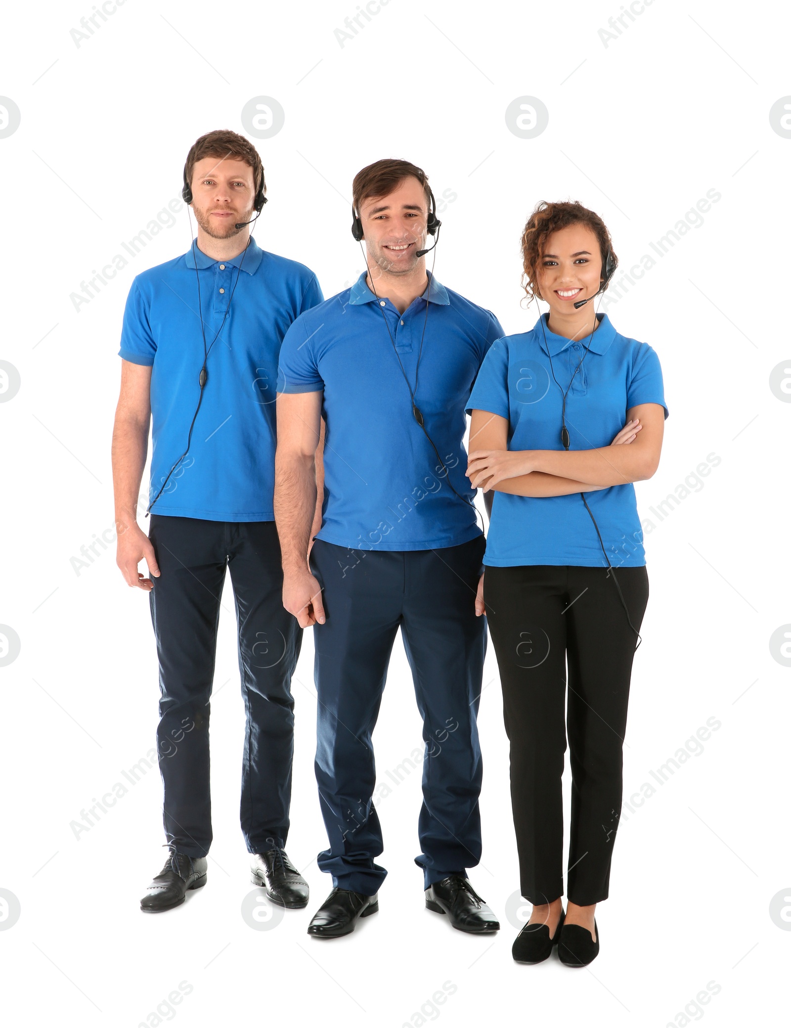 Photo of Team of technical support with headsets isolated on white