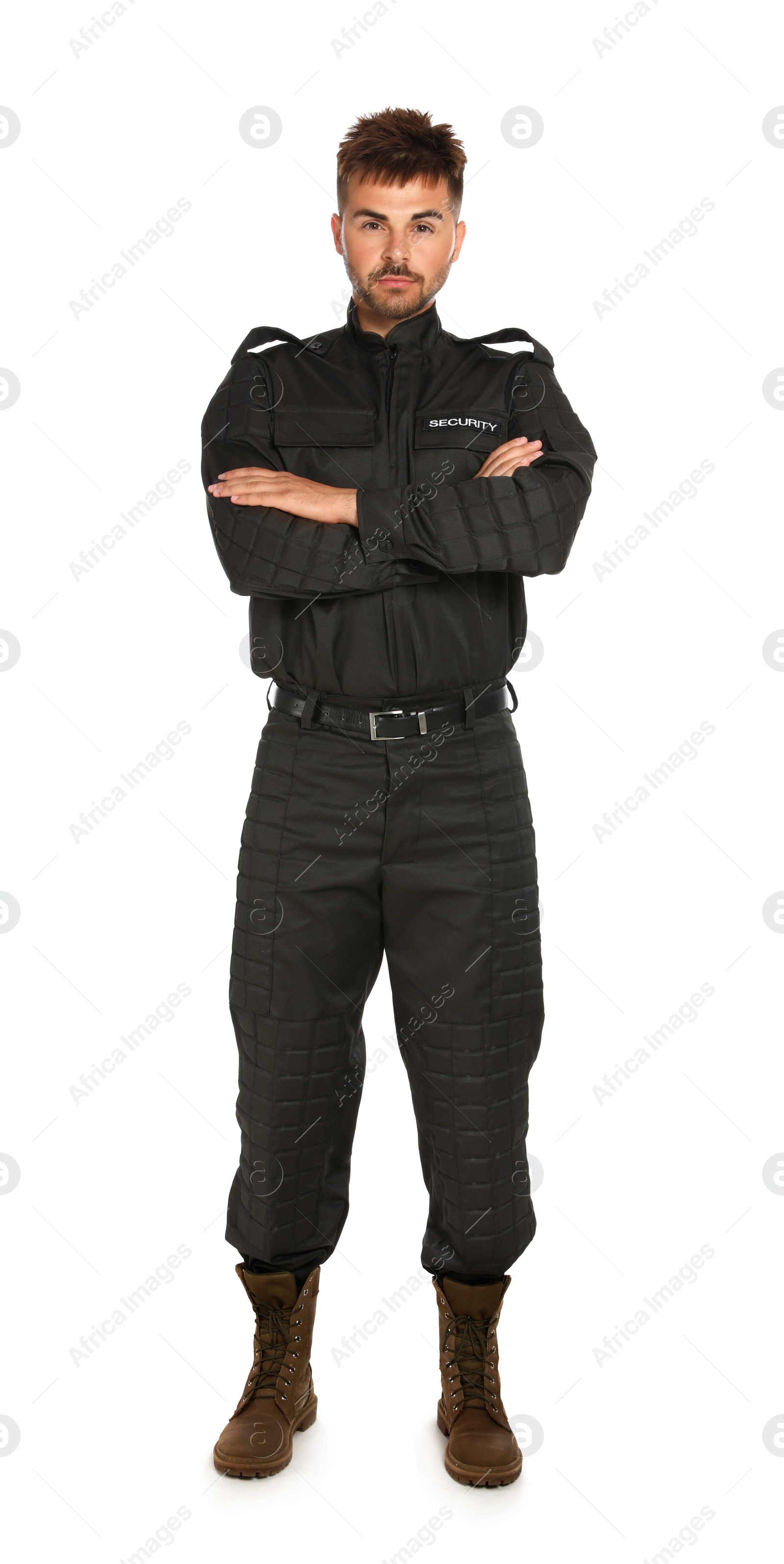 Photo of Male security guard in uniform on white background