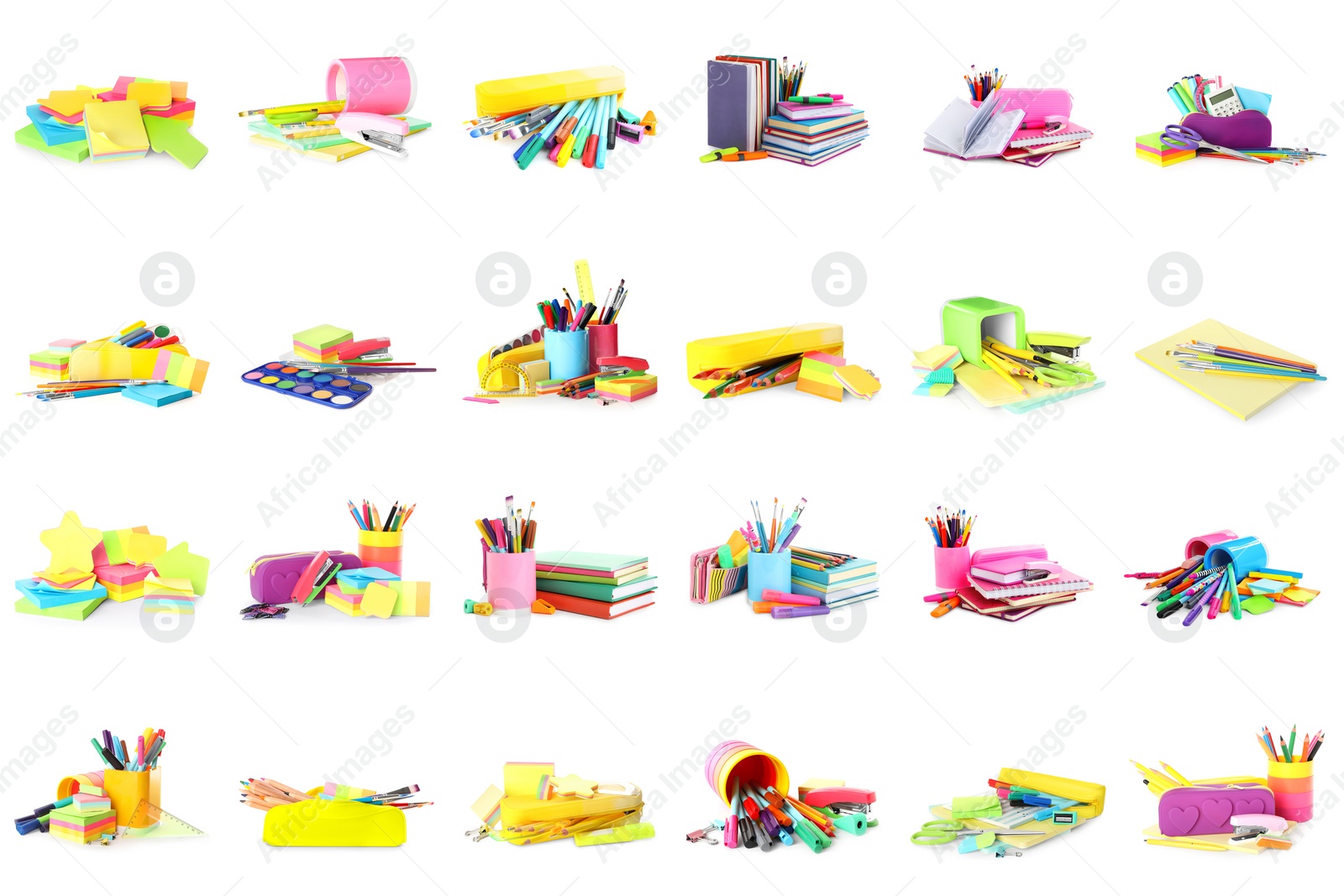 Image of Set of bright school stationery on white background 