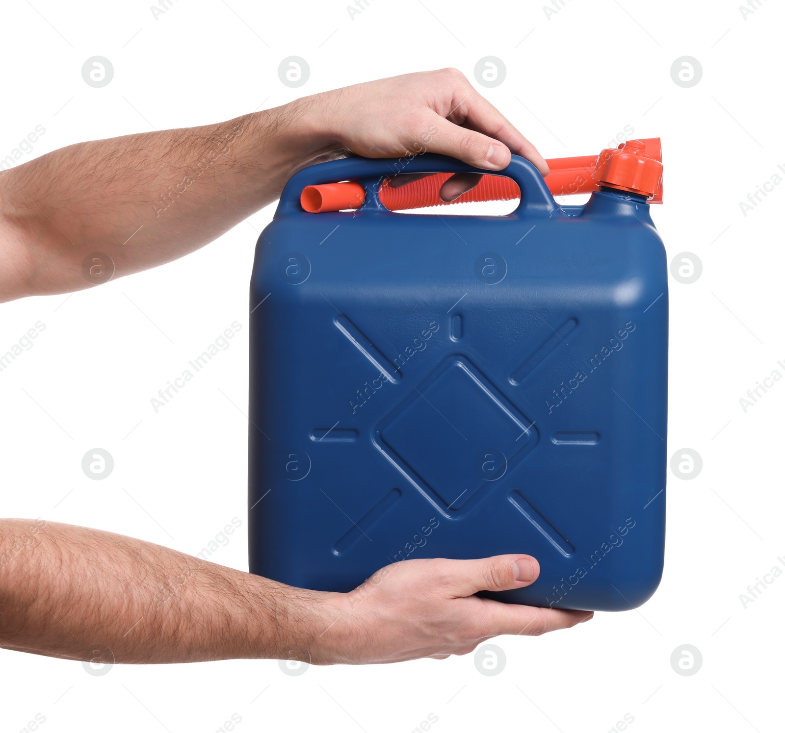 Photo of Man holding blue canister on white background, closeup