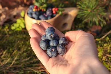 Photo of Woman holding heap of fresh ripe blueberries in forest, closeup