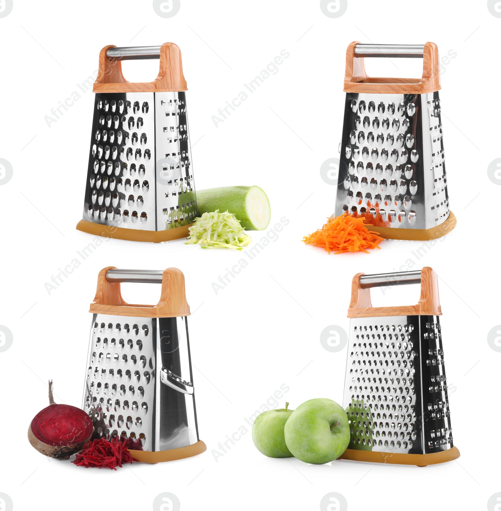 Image of Set with stainless steel graters and fresh products on white background