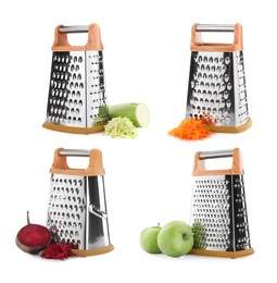 Image of Set with stainless steel graters and fresh products on white background