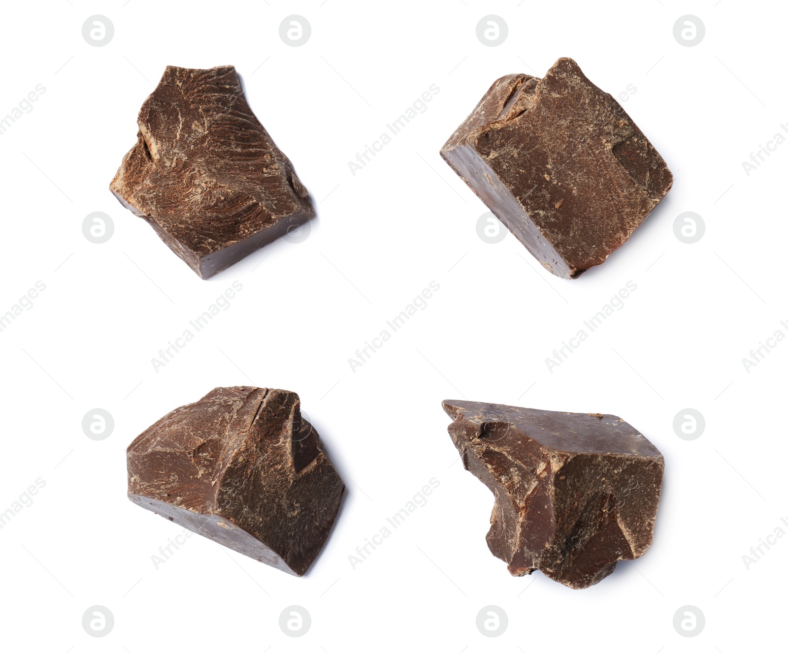 Photo of Delicious chocolate chunks on white background