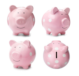 Image of Set with pink piggy bank on white background