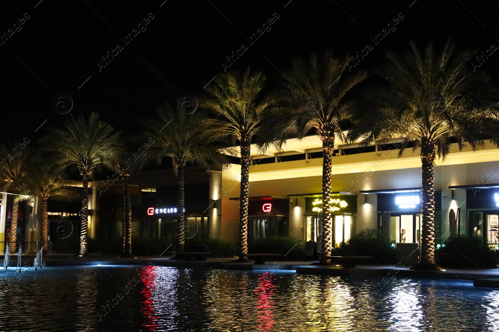 Photo of DUBAI, UNITED ARAB EMIRATES - NOVEMBER 04, 2018: Night cityscape with illuminated buildings, palms and pool