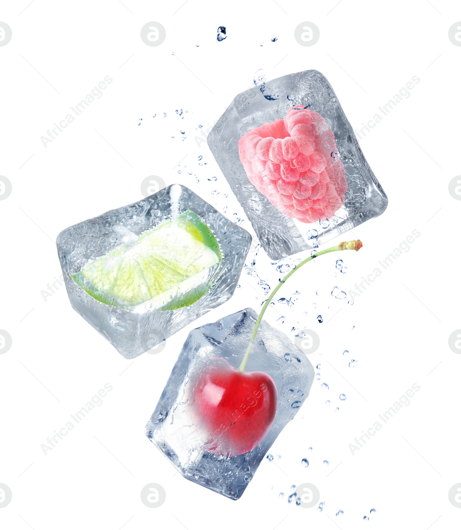 Image of Raspberry, cherry and slice of lime falling on white background