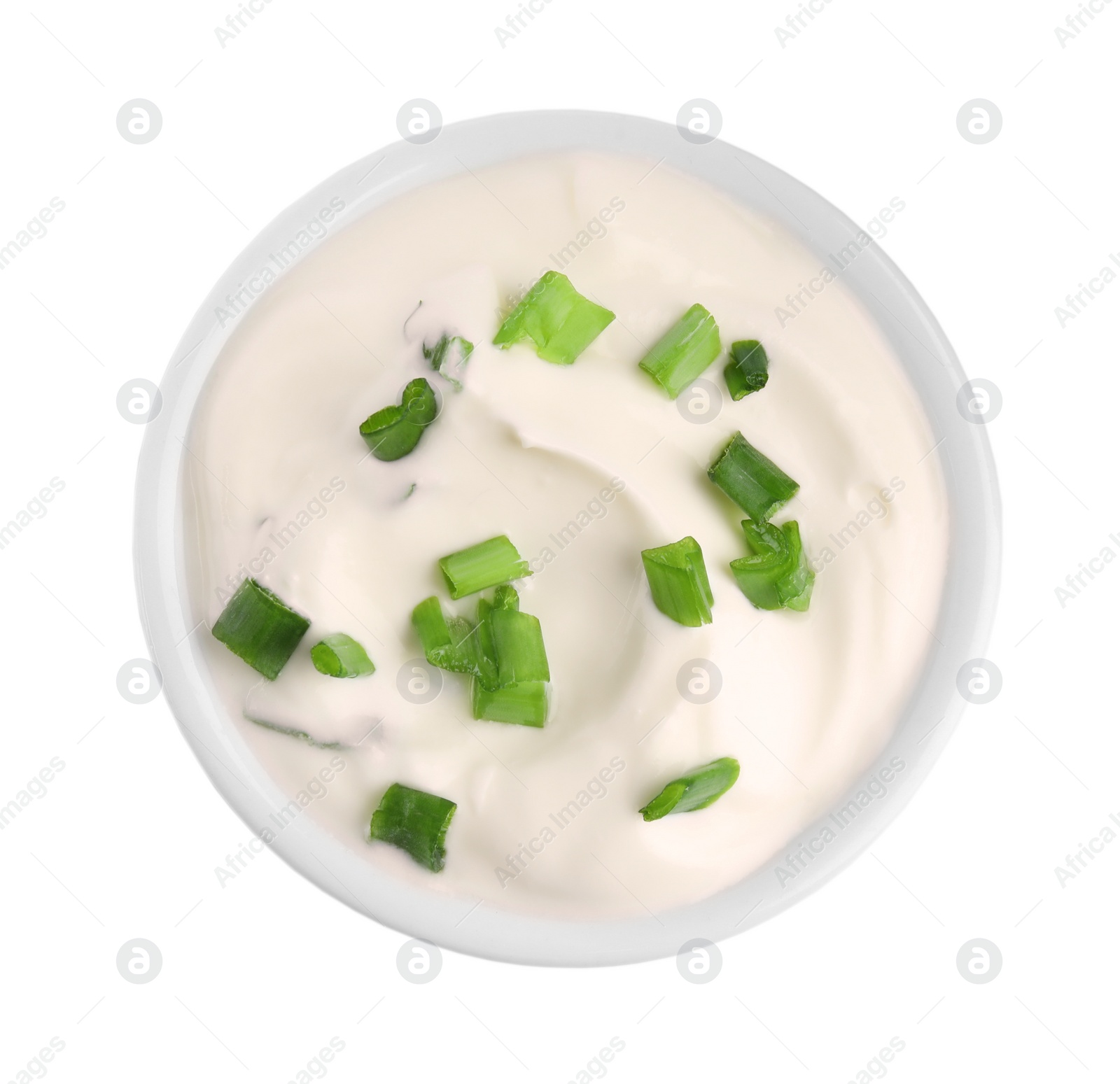 Photo of Fresh sour cream with onion on white background, top view