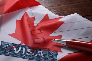 Image of Visa to Canada. Multiple exposure with national flag, closeup