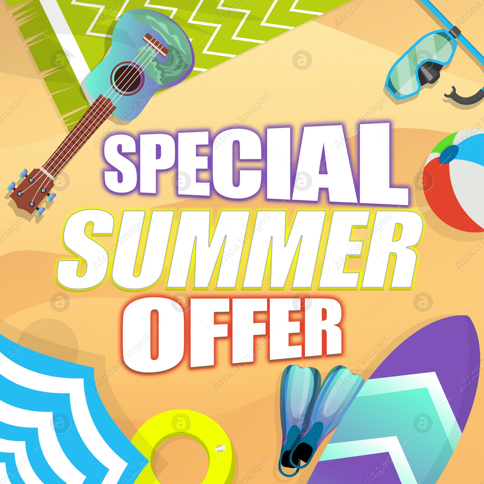 Illustration of Special summer offer flyer design.  sandy beach with ball, umbrella, surfboard, fins, guitar and text