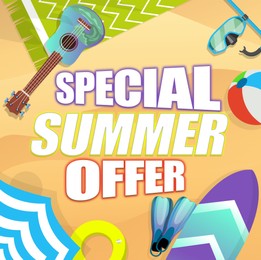 Illustration of Special summer offer flyer design.  sandy beach with ball, umbrella, surfboard, fins, guitar and text