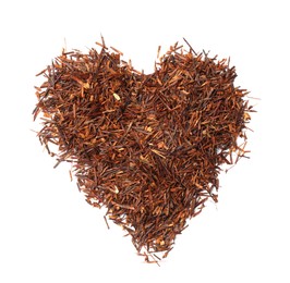 Heart made of rooibos tea isolated on white, top view