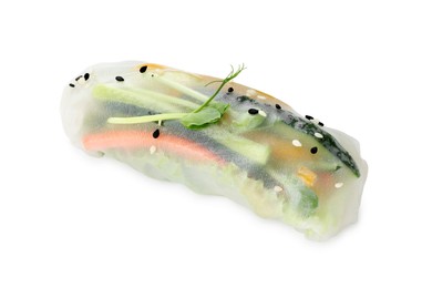 Tasty spring roll with sesame seeds and microgreens isolated on white