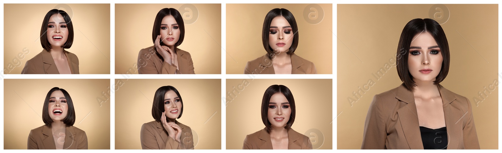 Image of Beautiful woman with hairstyling on beige background. Collage of photos