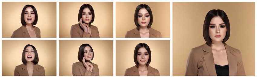 Beautiful woman with hairstyling on beige background. Collage of photos