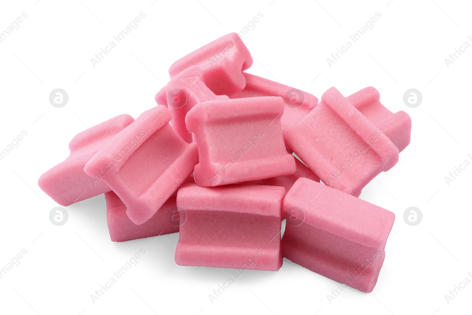 Photo of Pile of tasty pink chewing gums on white background