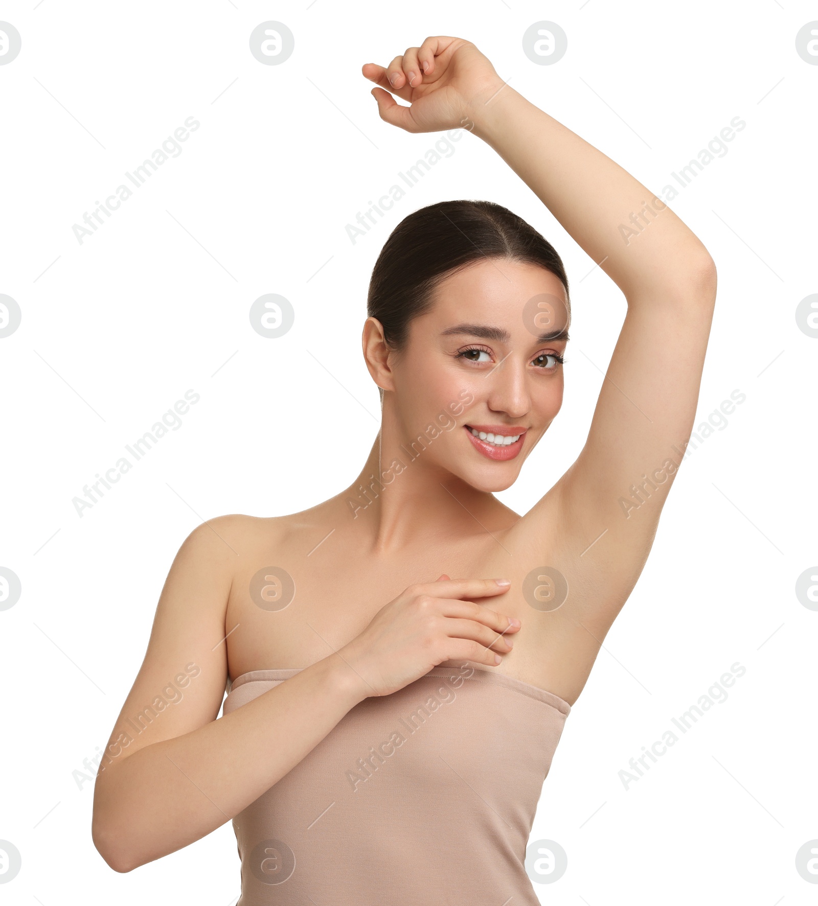 Photo of Beautiful woman showing armpit with smooth clean skin on white background