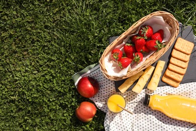 Photo of Picnic blanket with juice and snacks on green grass, flat lay. Space for text