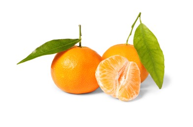 Photo of Fresh tangerines with green leaves isolated on white