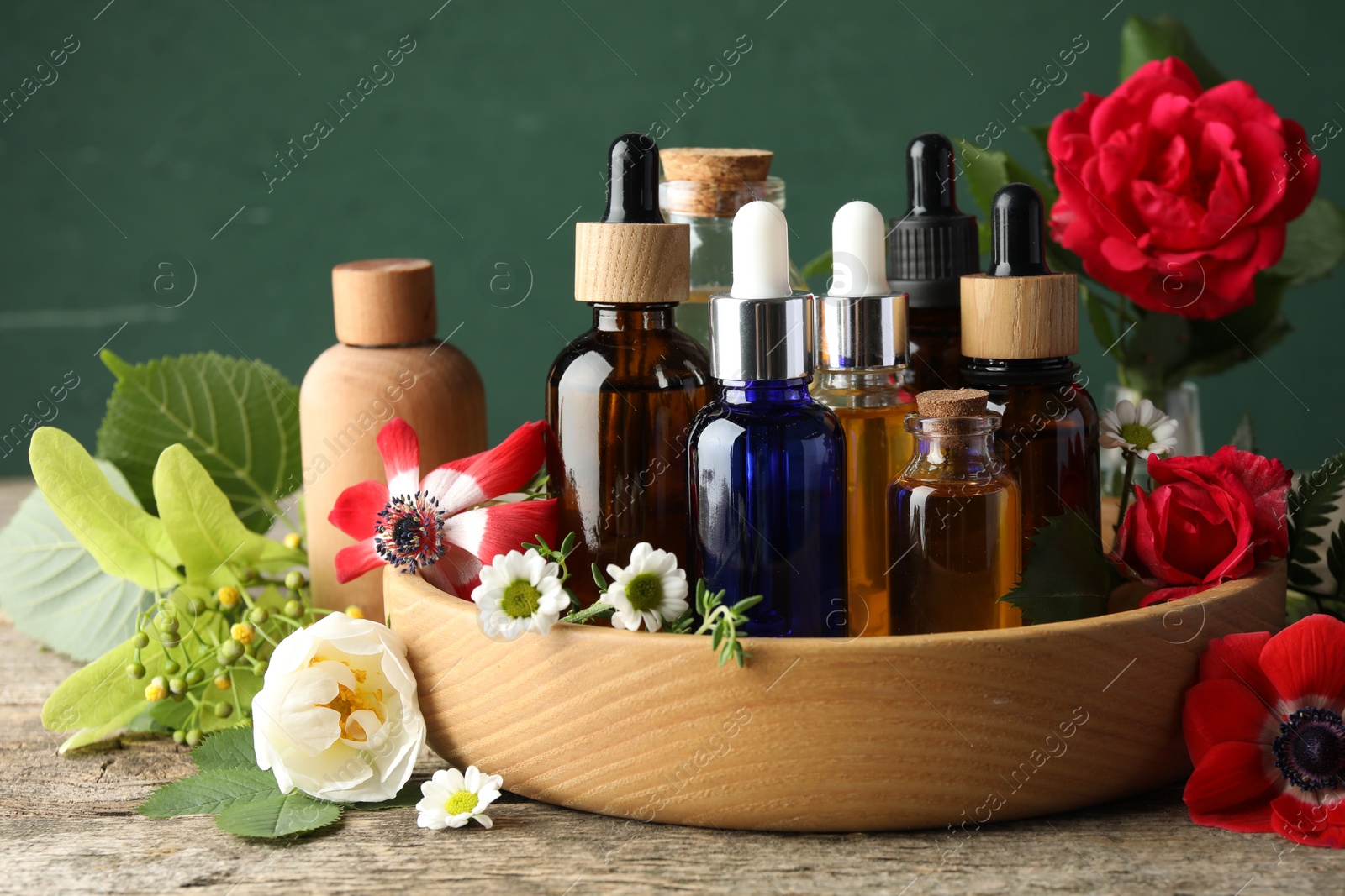 Photo of Aromatherapy. Different essential oils, flowers and green leaves on wooden table