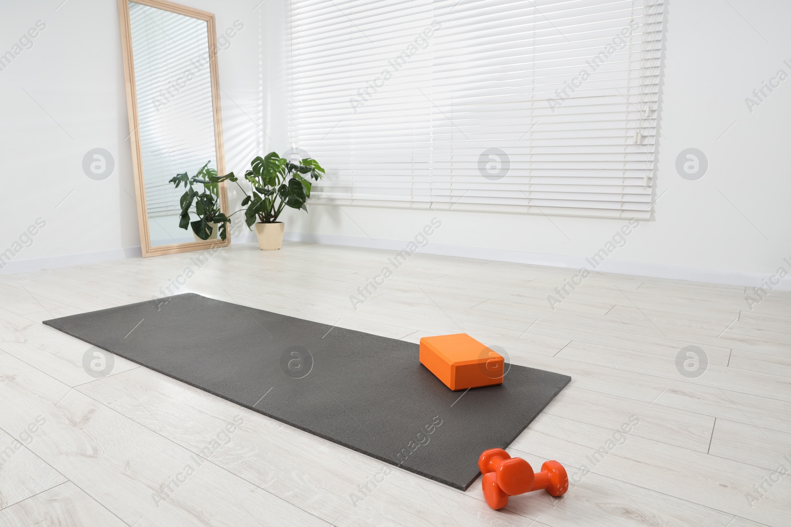 Photo of Exercise mat, yoga block and dumbbells at home. Space for text