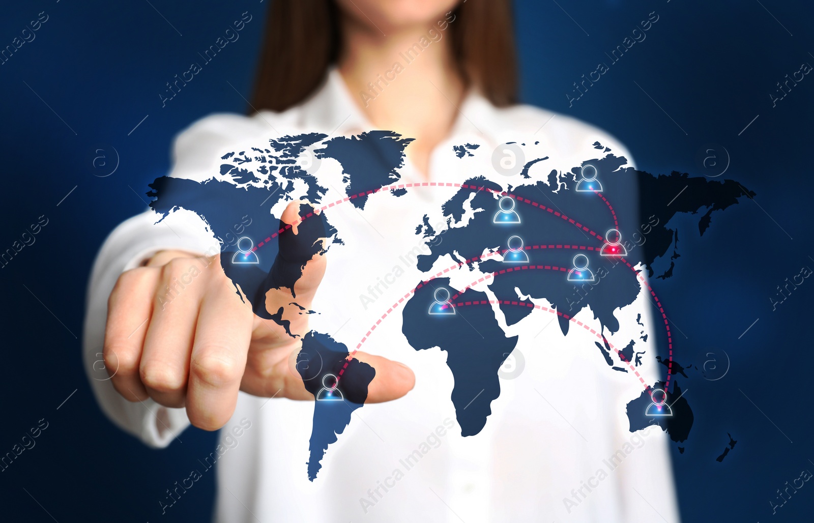 Image of Travel agency services. Woman touching world map on virtual screen