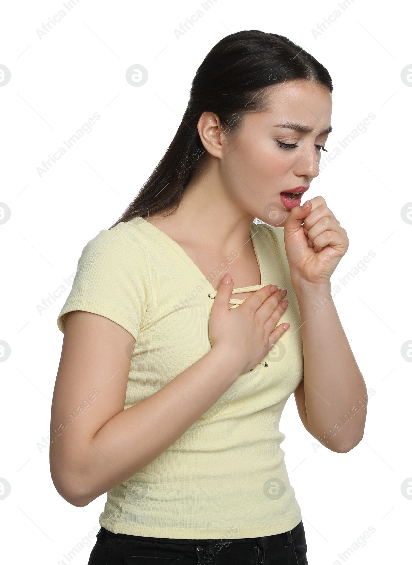 Photo of Young woman coughing on white background. Cold symptoms