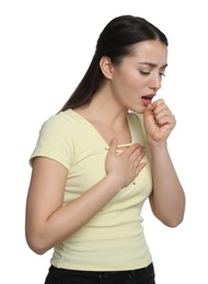 Photo of Young woman coughing on white background. Cold symptoms