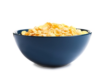 Photo of Bowl with crispy cornflakes on white background