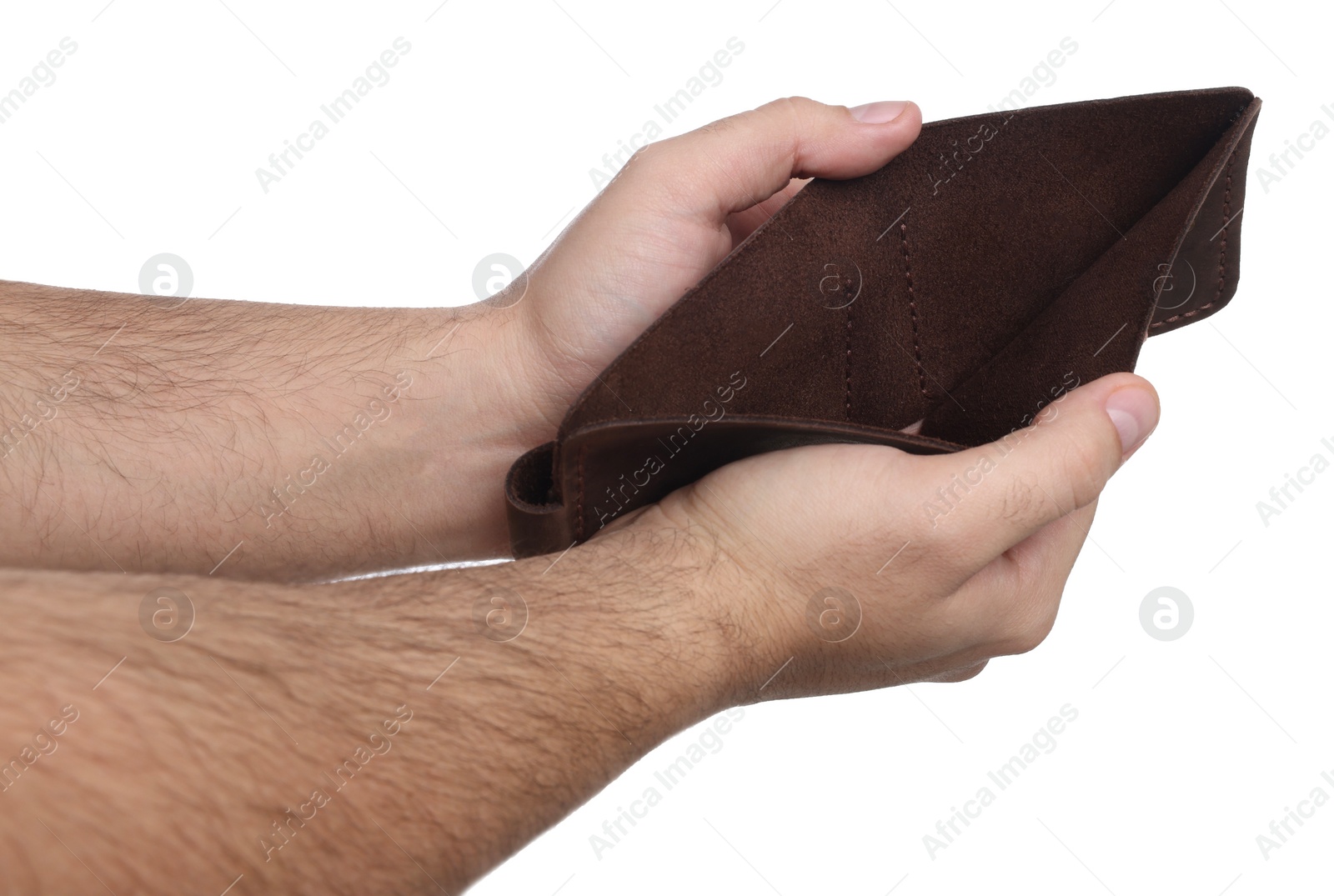 Photo of Man showing empty wallet on white background, closeup