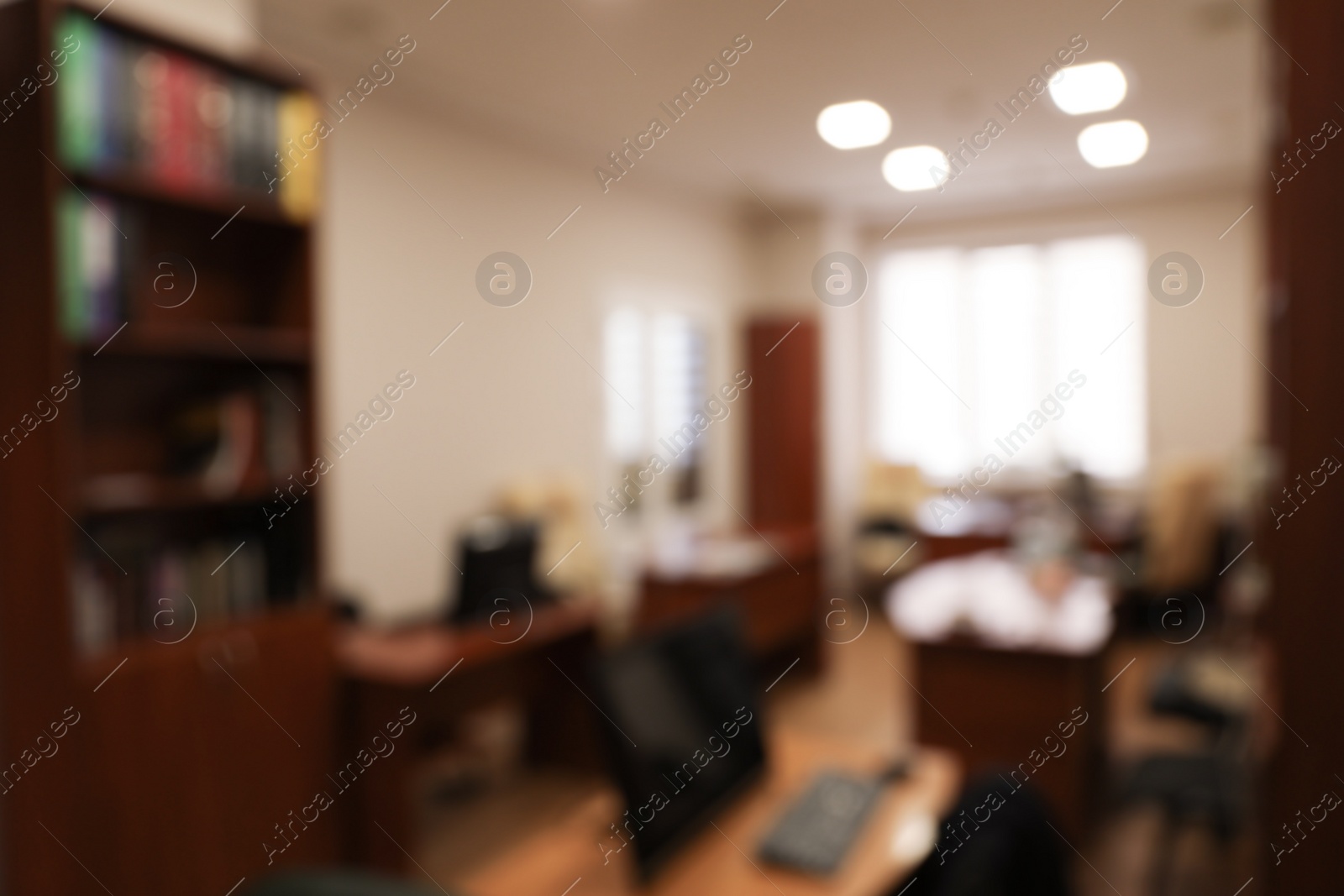 Photo of Blurred view of modern office interior. Bokeh effect