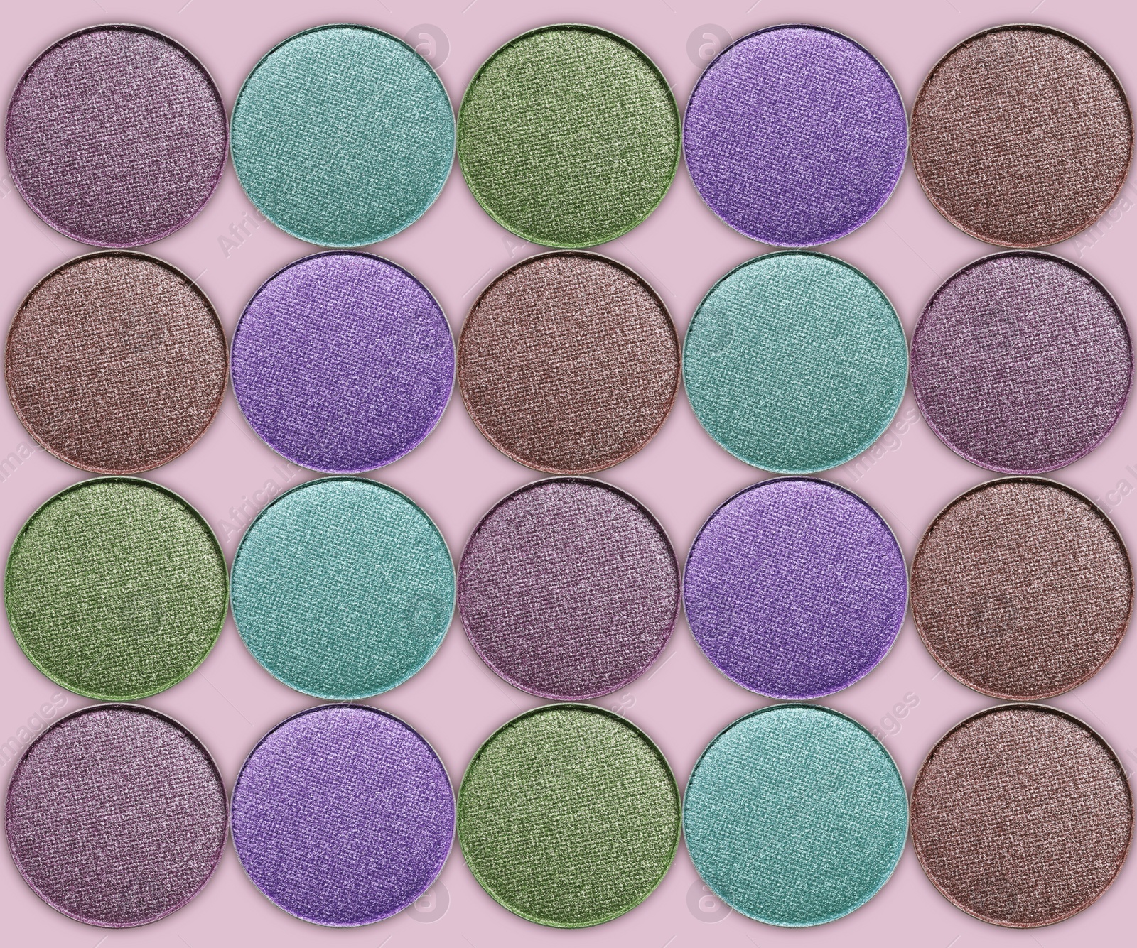 Image of Collage of beautiful different eye shadow refill pans on pastel background