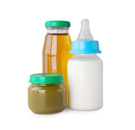 Photo of Healthy baby food, bottles with juice and milk on light grey background